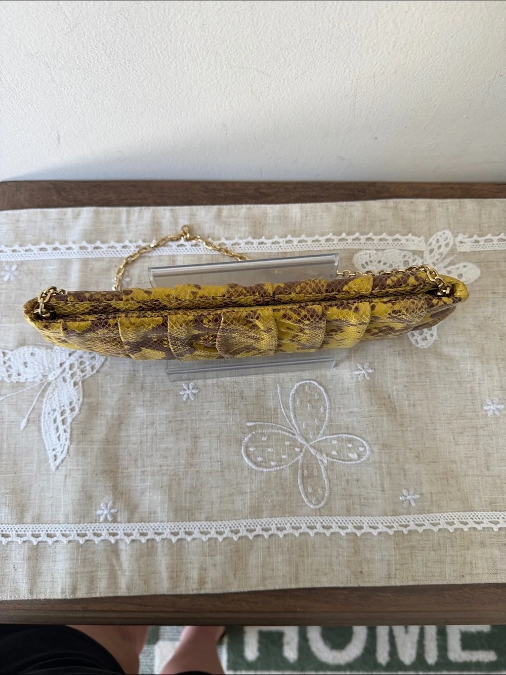 Antonio Melani Yellow/Brown Snakeskin Embossed Pleated Clutch/Shoulder Bag